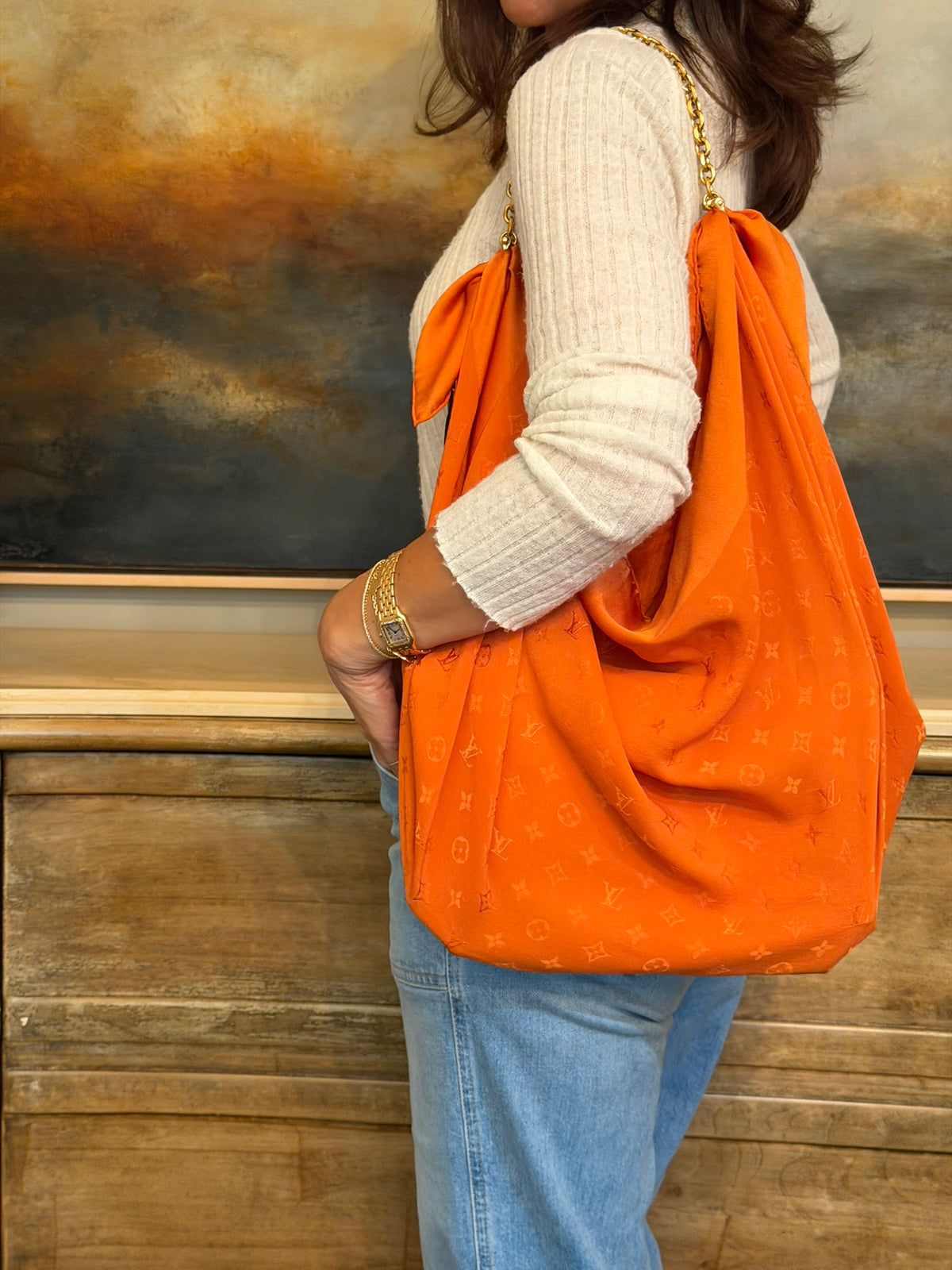 Le Noué — Vintage Louis Vuitton Silk Carré, Tonal Orange Monogram