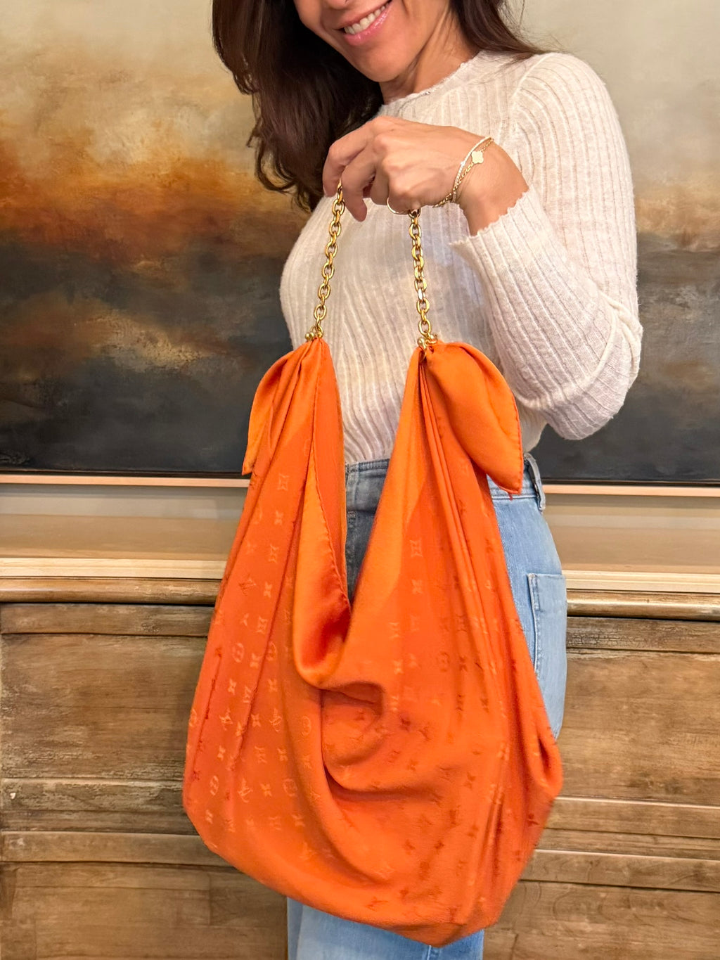 Le Noué — Vintage Louis Vuitton Silk Carré, Tonal Orange Monogram
