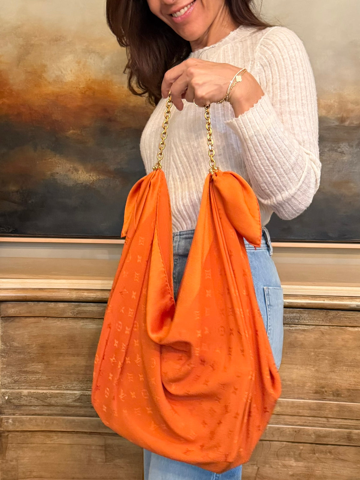 Le Noué — Vintage Louis Vuitton Silk Carré, Tonal Orange Monogram
